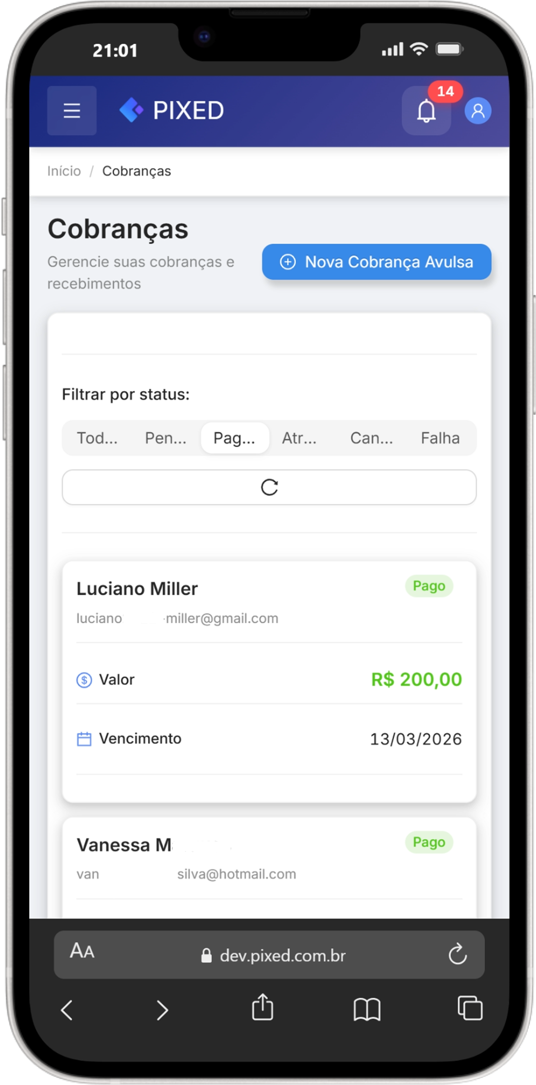 Tela de cobranças - visualize e gerencie todas as suas cobranças